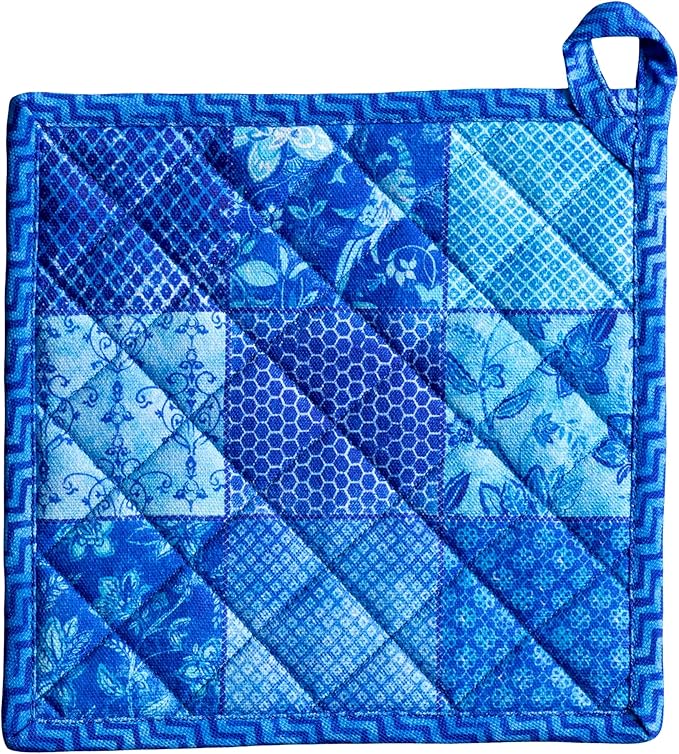 Maison d' Hermine Pot Holders 100% Cotton Heat Resistant Potholders 8" x 8" Hot Pads with Loop BBQ Cooking Baking Gifts for Mothers Day Handling Hot Pans Spring/Summer (Pack of 1, Indigo Love)