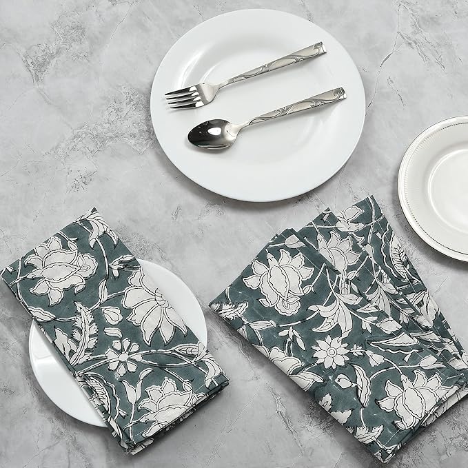 CPC Cloth Napkins Set of 4 Cotton Printed Dinner Hand Print Napkins I Wedding Cocktail Cloth Floral Napkins I 18x18 in I Gray Flower