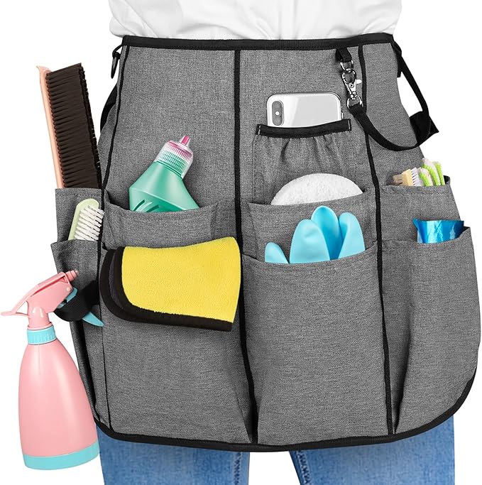 LoDrid Professional Cleaning Apron with 9 Pockets and Adjustable Waist Belt, Cleaning Caddy Aprons for Cleaning Work of House Hotel, Gray