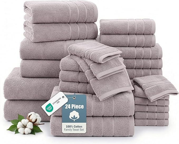 24-Piece Luxury Bathroom Towels – 100% Cotton Soft Towel Set, 2 Bath Sheets, 2 Bath, 2 Gym Towel, 4 Fingertip, 6 Hand, 8 Washcloths, Quick-Dry Absorbent, Hotel & Spa Quality, Easy to Wash – Platinum