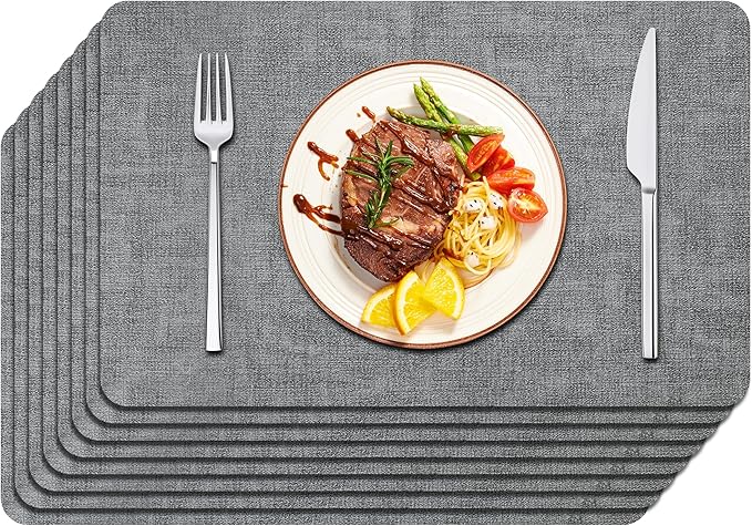 Maxpearl Faux Leather Placemats Set of 8 – Waterproof, Wipe Clean, Heat Resistant, Non-Slip Dining Table Mats for Indoor & Outdoor Use, 17”×12”, Grey
