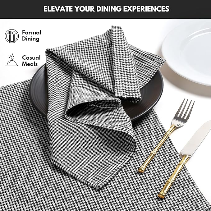 Napkin 100% Cotton Cloth Napkin Decorative Washable Houndstooth Check Napkins Set of 4 for Home, Kitchen, Dining, Cocktail Parties & Camping - Black (18”X18”)