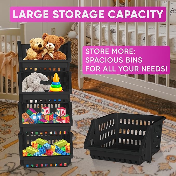 Skywin TidyFriend Small Stackable Storage Bins for Toy Organizer and Storage 4 Pack, Toy Storage Organizer for Kids Room and Home Organization (Black)