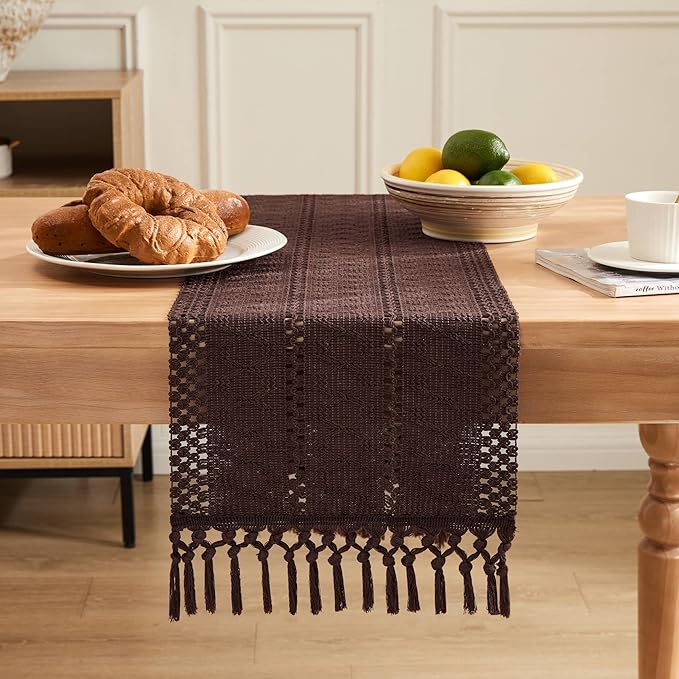 ZeeMart Macrame Style Boho Table Runner, Dark Brown Table Runners 36 Inches Long, Farmhouse Woven Home Decor, 12x36 Inch, Chocolate