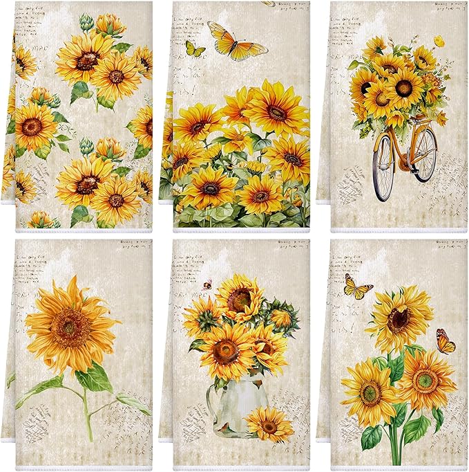 Bencailor 6 Pcs Sunflower Kitchen Towels Decorative Sets Dish Towels Absorbent Fast Drying Hand Tea Vintage Hanging Reusable Cleaning Dishcloths for Cooking Farmhouse Bathroom Accessory