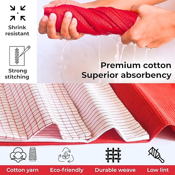 Highly Absorbent Cotton Kitchen Towels for Drying Dishes - Set of 6 Dish Towels - Narrow Red Stripes Plaid Waffle Dishtowels - 18"X28" Large Lint Free Linen Tea Hand Bulk T Towls