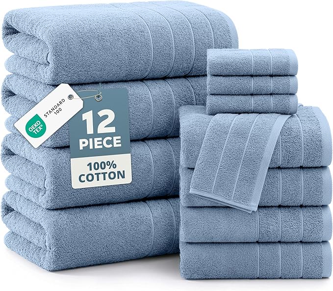 Casa Platino Premium Cotton Bath Towel 12 Piece Set - Super Soft, Quick Dry & Absorbent - 4 Bath, 4 Washcloths, 4 Hand Towels for Bathroom - Hotel Quality & Suitable for Family - Cerulean Blue