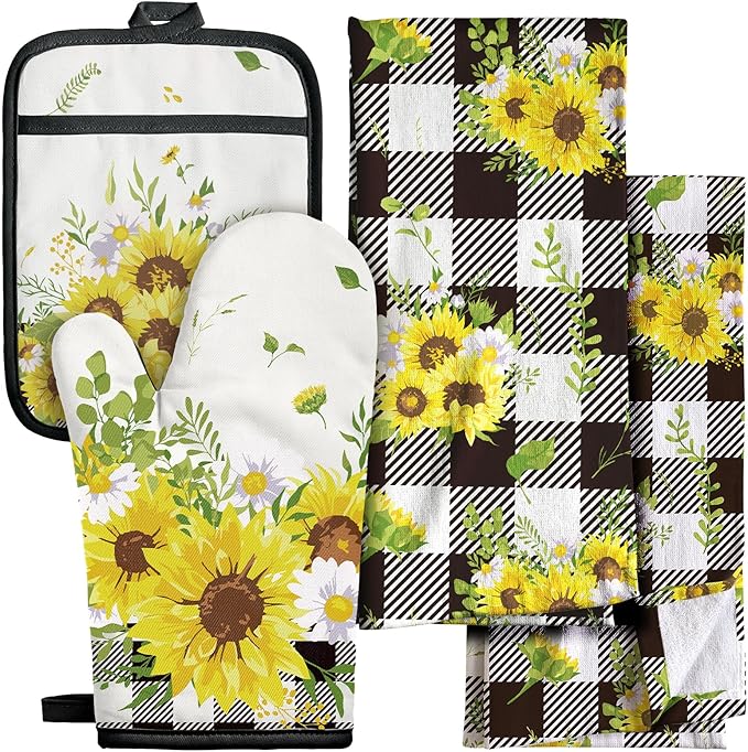 Miss Adola 270 GSM Cotton Kitchen Towels, Oven Mitt and Pot Holder - 4 Pack Kitchen Decor and Accessories Set Cute Farmhouse Boho Quilted Lining Heat Resistant Set with Hanging Loop, Plaid Sunflower