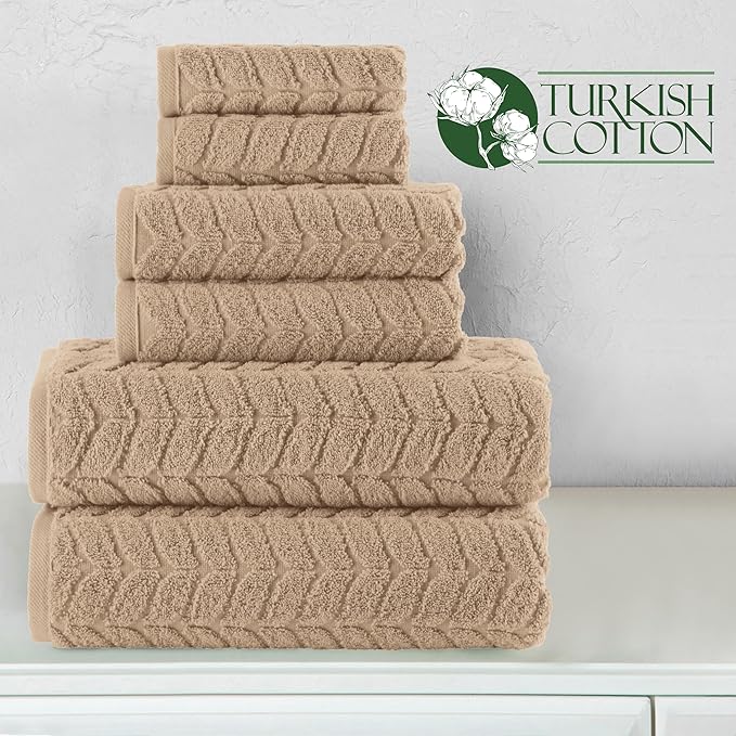 Elegant Comfort Luxury 6-Piece 100% Turkish Cotton Jacquard Braided Textured Premium Hotel Quality Towel Set– Soft and Absorbent, Includes 2 Bath Towels, 2 Hand Towels and 2 Washcloths, Taupe