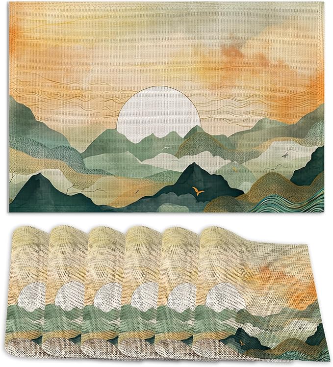 Mountains Landscape Sunset Placemats Set of 6,12x18 Inch Table Mats for Kitchen Table Washable Farmhouse Linen Table Mats Dining Decoration