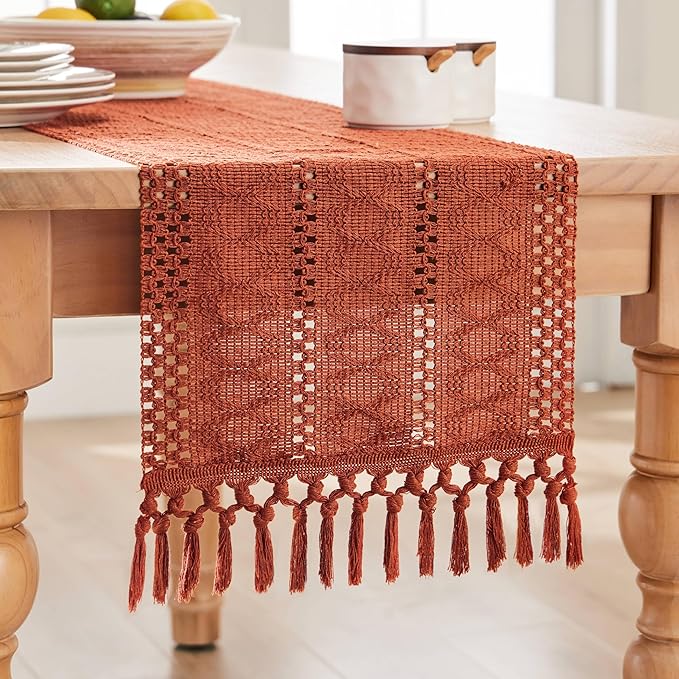 ZeeMart Macrame Style Boho Table Runner, Rust Table Runners 60 Inches Long, Farmhouse Woven Home Decor, 12x60 Inch, Rust