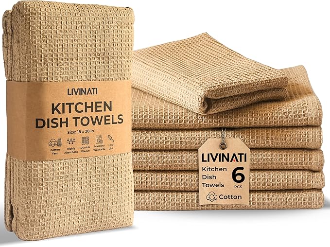 Highly Absorbent Cotton Dish Towels for Drying - Set of 6 Beige Kitchen Towels - 18"X28" Lint Free Waffle Weave Cloth Linen Hand Bathroom Bulk Dishtowels