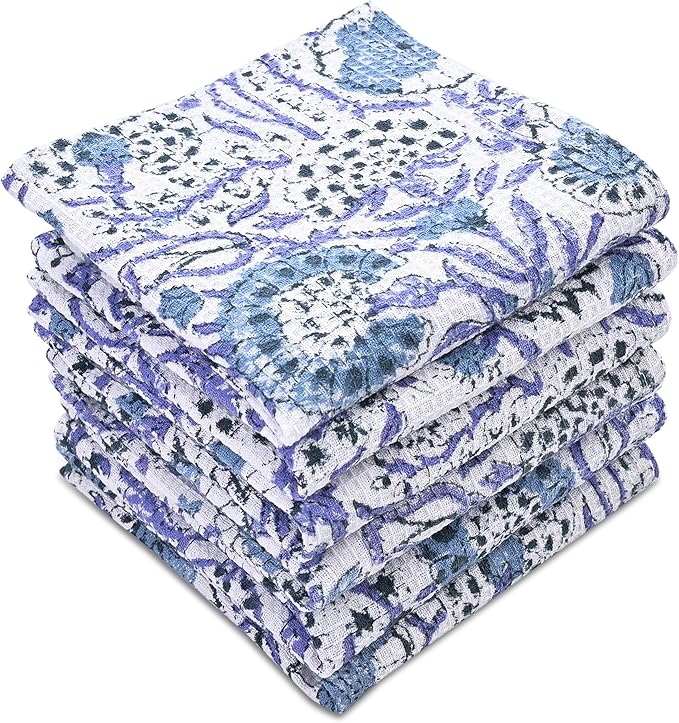 CPC Indigo Blue Hand Block Printed Cotton Waffle Dish Cloth Set of 6-12x12 Inch Super Absorbent, Soft, Reusable Kitchen Towels for Dish Drying & Cleaning Ideal for Spring, Mother's Day