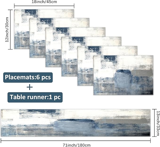 White and Gray Table Runner and Placemats Set of 6 Farmhouse Washable Linen Place Mats Rustic Abstract Art Table Decor for Kitchen Dining Coffee Outdoor Party (White and Gray, 13"x71"+12"x18")