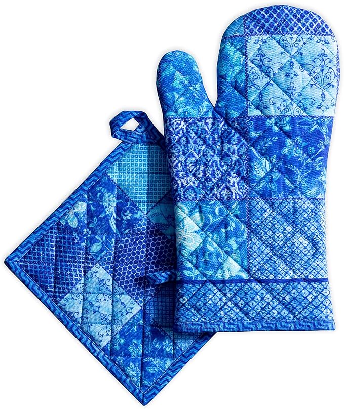 Maison d' Hermine 100% Cotton Oven Mitt & Pot Holder Set (7.5"x13" & 8"x8") Heat Resistant BBQ Cooking Gloves with Loop Baking Grilling Kitchen Gifts for Mothers Day Spring/Summer (Indigo Love)