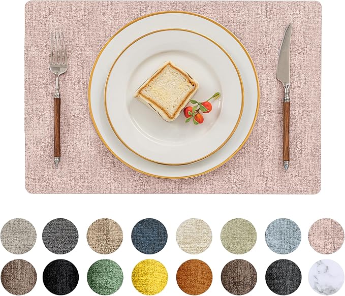 Romanstile Vinyl Placemats Set of 8-12 X 17 Inch - Faux Leather 100% Waterproof Oil-Proof Wipeable Place Mats, Heat Resistant Reversible PU Table Mats for Kitchen Dining Party Outdoor, Pink