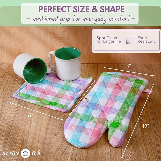 Native Fab 4 Piece Set - Gingham Check 2 Oven Mitts & 2 Potholders, Heat Resistant, 100% Cotton, Quilted Design, Non-Slip Grip, Ideal for Baking, Cooking, BBQ, Kitchen Protection, Multicolor