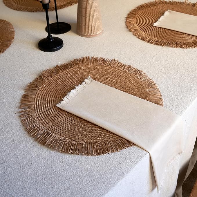 Decorative Boho Table Placemats Set of 6 with Matching Linen-Textured Napkins - Beautiful Natural Decor Elevates Your Dining Room or Kitchen Setting - Easy to Style & Mix with Linen Inspired Material