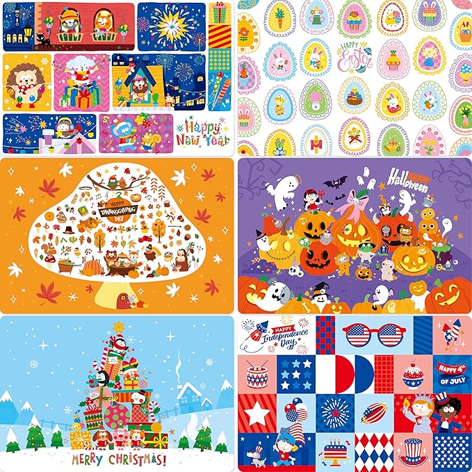 6 Pack Placemats for Kids, Non-Slip Washable Table Mats, Reusable Holiday Themed Dining Mats - Christmas, Halloween, Thanksgiving, Easter, Educational Placemats for Home, Classroom, Nursery