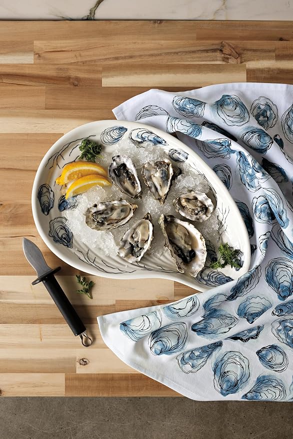Now Designs by Danica Kitchen Towel Oysters Printed Cotton Dish Towel, Gray, 18 x 28in