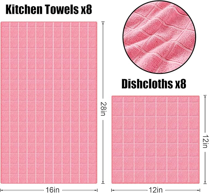 Homaxy Microfiber Kitchen Towels and Dishcloths Set, 16 Pack Soft and Absorbent Dish Hand Towels Bulk, 28 x 16 Inch & 12 x 12 Inch Quick Drying Rags for Washing Dishes, Pink