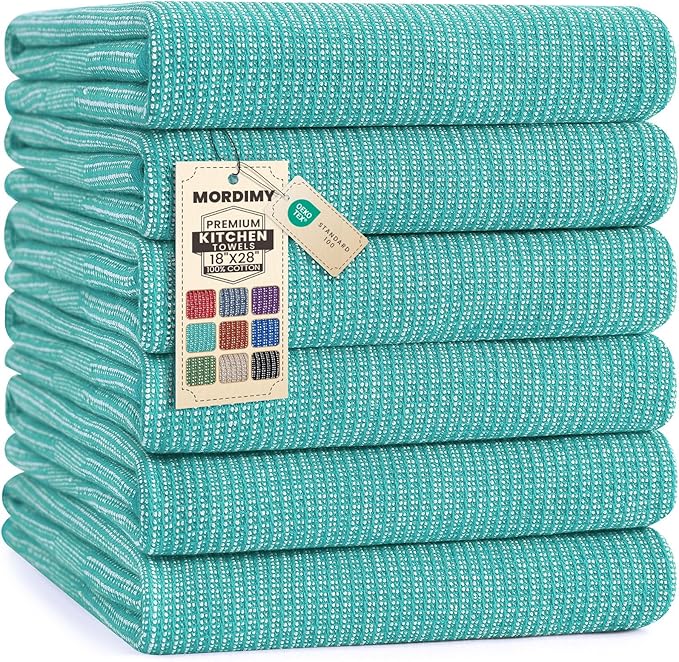 Mordimy Premium Kitchen Towels 6 Pack (18 x 28 Inches, Teal), Large Cotton Kitchen Hand Towel, Flat & Terry Dish Towels for Drying Dishes, Super Absorbent Tea Dishtowels Set with Hanging Loop
