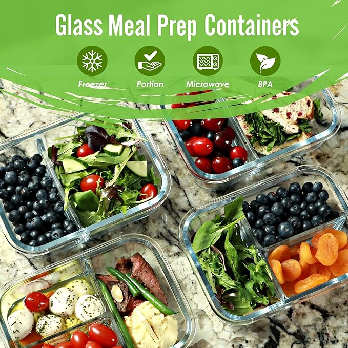 FIT Strong & Healthy 2 & 3 Compartments Glass Meal Prep Containers – Portion Control Containers, Food Storage w/Lids, Freezer Safe, Leak-Proof Glass Lunch Box with Compartments, 32 oz, Beige, 4 Pack
