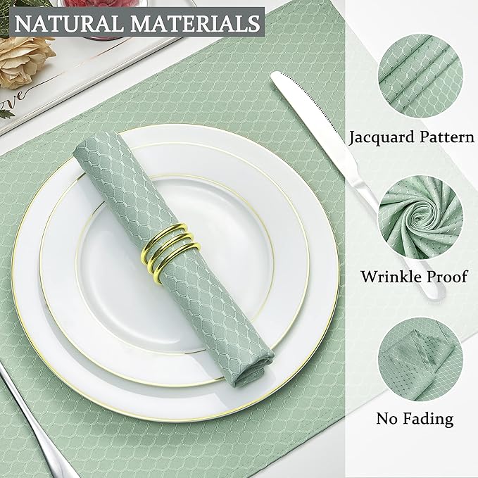 Cloth Napkins Set of 8 – Square 17x17 Inch Jacquard Fabric Polyester Washable Reusable Cloth Napkins for Kitchen Dinner Dining Restaurants Wedding Party Banquet (Sage Green)