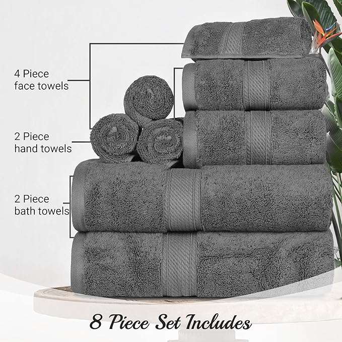 SUPERIOR Egyptian Cotton Pile 8 Piece Towel Set, Includes 2 Bath, 2 Hand, 4 Face Towels/Washcloths, Ultra Soft Luxury Towels, Thick Plush Essentials, Guest Bath, Spa, Hotel Bathroom, Charcoal