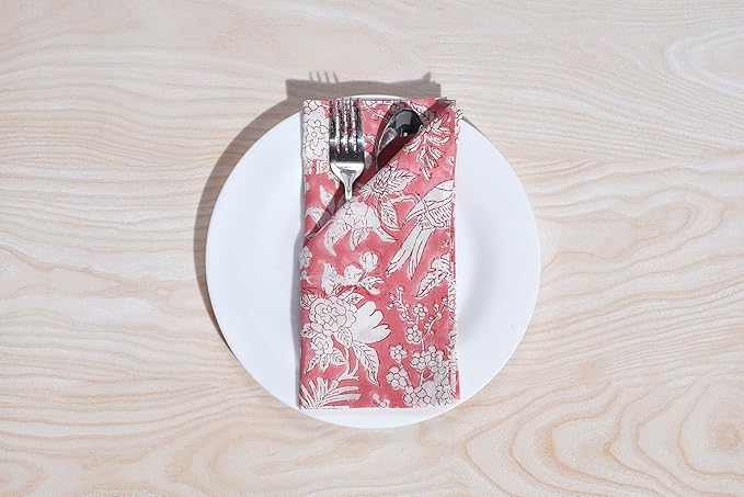 CPC Pink Coral Indian Block Print Cotton Cloth Napkins Set of 4, 18x18 Reusable Everyday Napkins, Soft, Absorbent, Floral Dinner Napkin, Holiday, Party Gift, Spring,Mother's Day