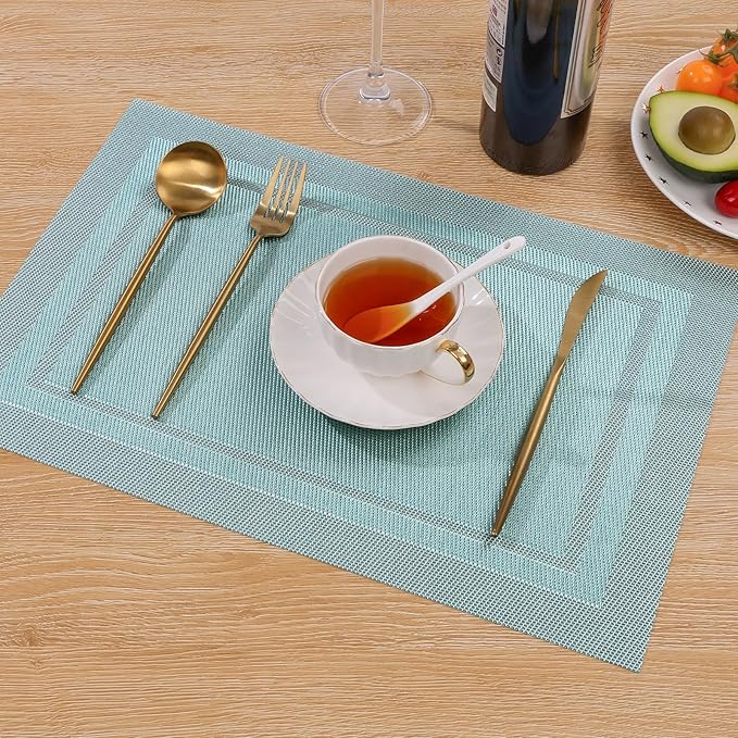 SHACOS Woven Vinyl Placemats Set of 6 Wipe Clean Place Mats for Dining Table Heat Resistant PVC Weave Table Mats Indoor Outdoor (6, Frame Light Turquoise)