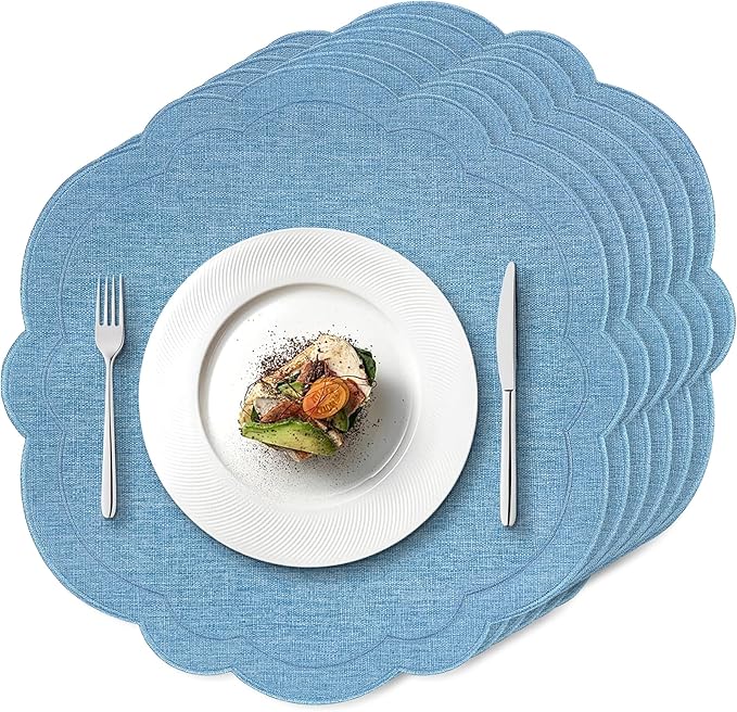 Set of 6 Blue Cotton Linen Placemats 15 Inch Embroidery Scalloped Placemats Pure Floral Table Mats Washable Fabric Table Mats for Wedding Baby Shower Tea Party Festival Spring Holiday Decor