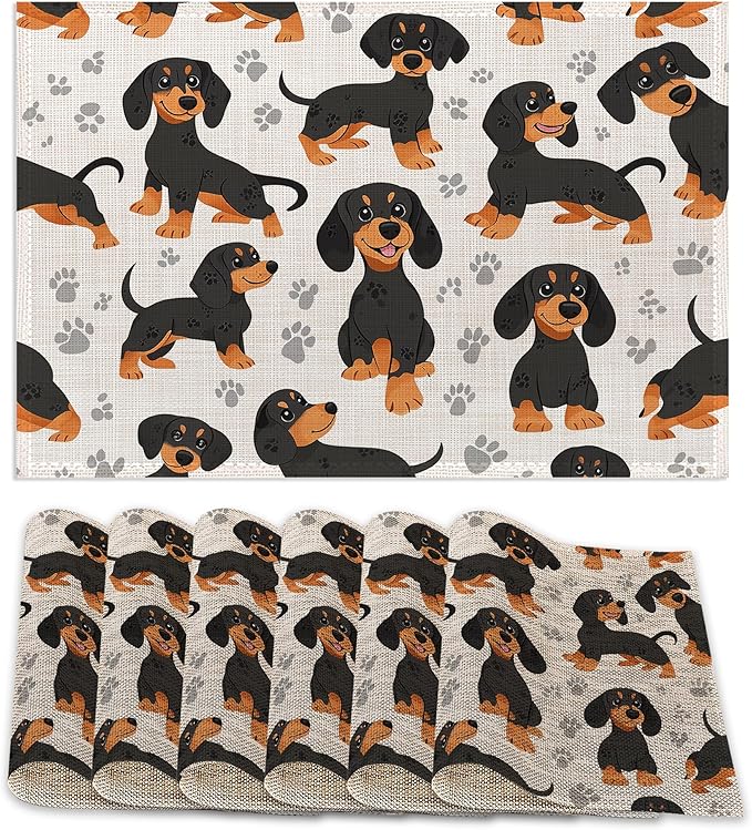 Dog Dachshund Placemats Set of 6, Grey Paws Waterproof Non-Slip Washable Table Mats for Kitchen Dining Holiday Party Wedding Decor 12x18 Inch