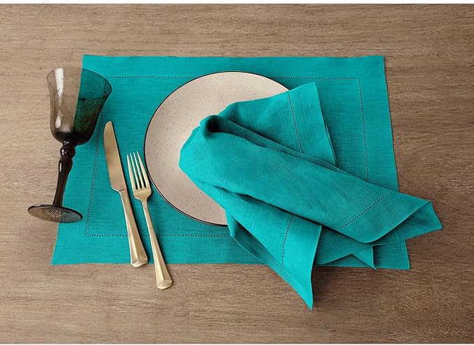 Solino Home Linen Placemats Set of 4 - Classic Hemstitch Teal Placemats 14 x 19 Inch - 100% Pure Linen Table Mats for Mothers Day