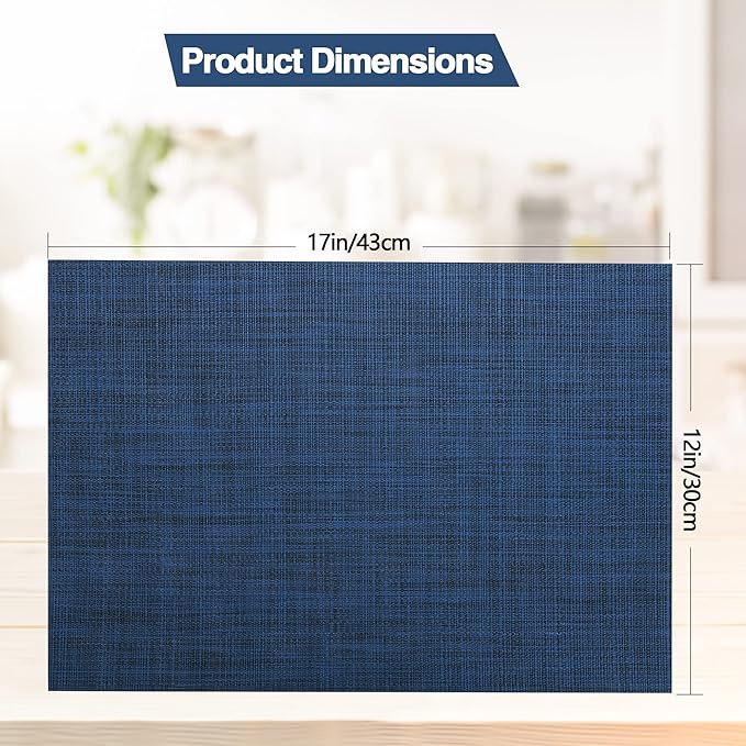 SLKQG Navy Blue Placemats Set of 6 - Easy Clean Washable Vinyl Placemats - Wipeable Heat Resistant Table Mats for Dining Table - 17x12 Inch (Navy Blue, 6)