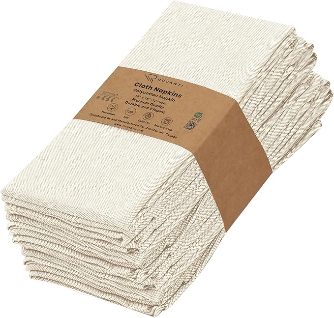 Ruvanti Cloth Napkins Set of 12, 18x18 Reusable Napkins Cloth Washable, Soft & Durable Table Napkin, Poly Cotton Fabric Dinner Napkins for Parties, Christmas, Thanksgiving, Weddings - Antique White