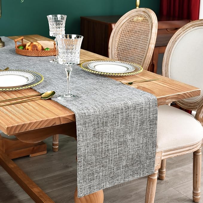 Farmhouse Rustic Faux Linen Table Runner Neutral Grey Table Runners Double Layer Reversible Rectangle Runners for Daily Use Kitchen Dining Banquet Holiday 13x60 Inch