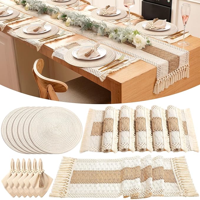 6 Sets Boho Place Mats Set Round Woven Placemats, Cloth Napkins, Wood Bead Napkin Rings, White Table Runner with Tassel and Farmhouse Rustic Placemats Cotton Burlap for Kitchen Table (Style 2)