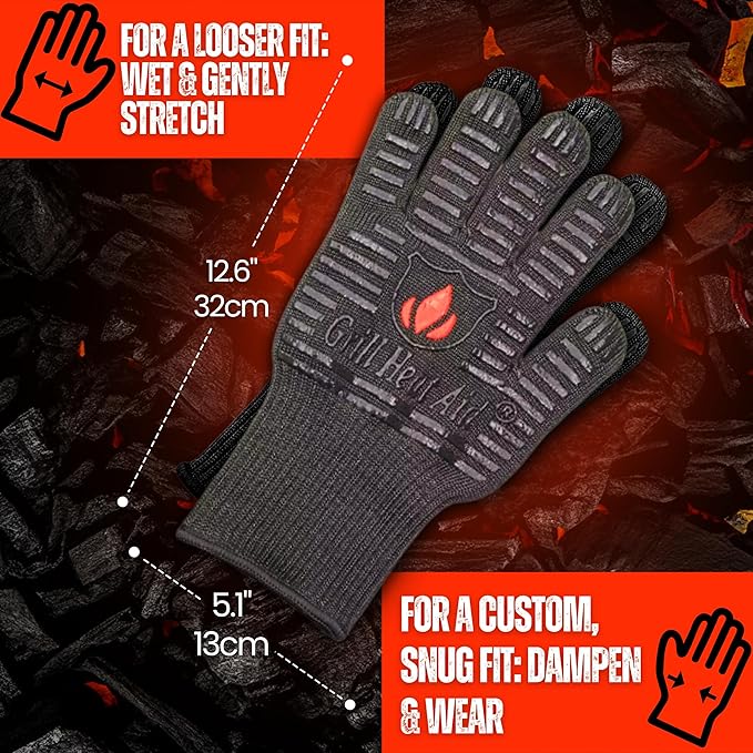 GRILL HEAT AID Extreme Heat Resistant BBQ Gloves - 1472°F Grill Gloves Heat Proof for Men EN407 Certified Fireproof Grilling Gloves for Fire Pit & Smoker, High Temp Grill Mitts for Outdoor Pizza Oven