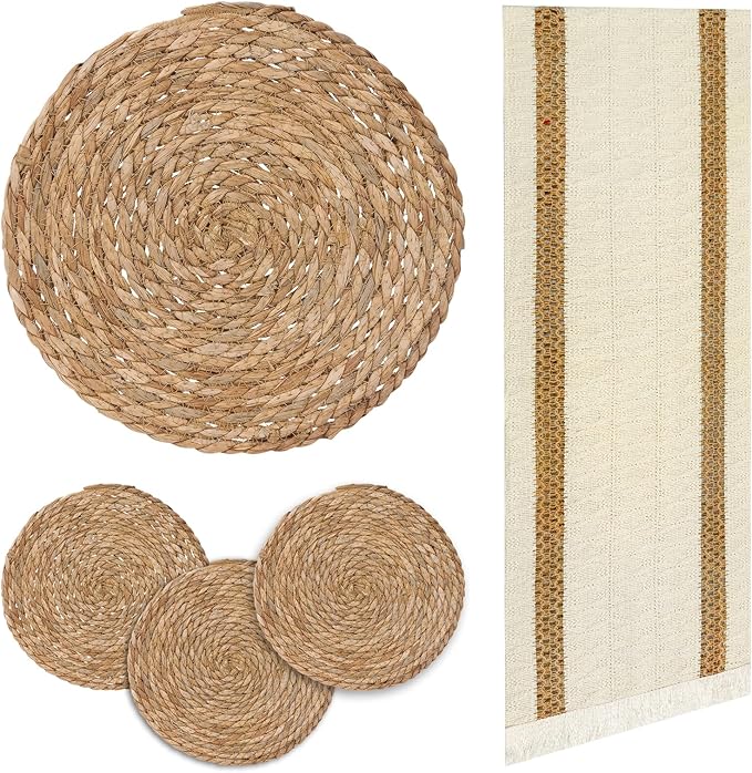 Niviy Round Woven Placemats Set of 4, with 72 Inches Long Farmhouse Macrame Table Runner Burlap Cotton Linen Table Runners Chargers for Dinner Plates, Beige & Brown