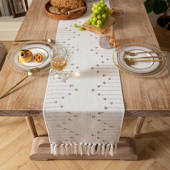 Boho Table Runner 13 x 60 Inch Long Natural Cotton Woven Runner with Tassels for Home Dining Table décor, for Modern Farmhouse Decor Coffee Table Runner, Taupe and Beige