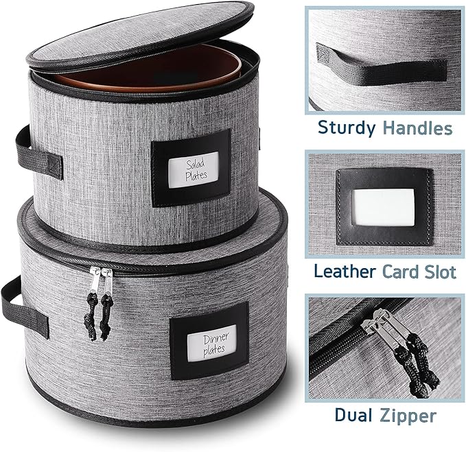 Fine China Storage Containers Hard Shell, 4 Piece Dish Storage Containers, Quilted Plate Containers, Stackable Dish Organizer with Dividers, Dinnerware Storage for Moving and Seasonal Storage, Grey