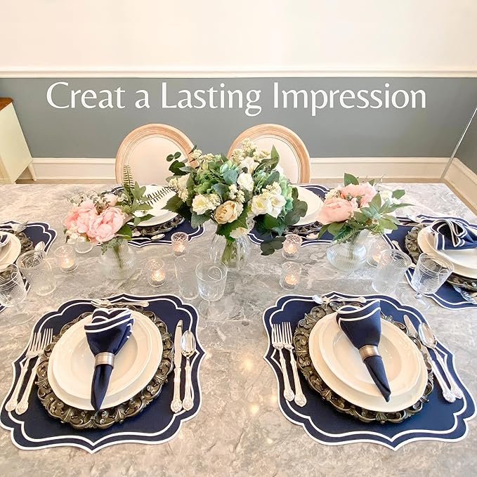 Cotton Linen Placemats Set of 4 - Double Layered, Machine Washable, Wrinkle Resistance, Scalloped & Embroidered Cloth Table Mats - Wedding, Indoor Mat, Giftable, 19 x 17 inch, Navy