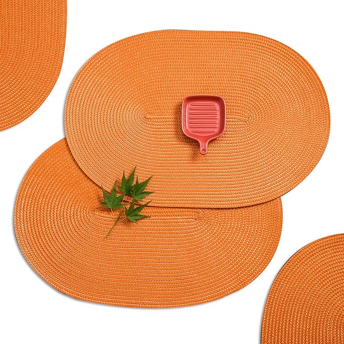 AHHFSMEI Placemats Set of 6 for Dining Table Washable Woven Non-Slip 18x12 inches Placemat Heat-Resistant Durable Table Mats for Dining Table Easy to Clean(Oval Orange,6)