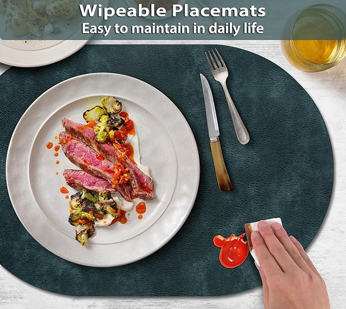 ADRIMER Placemats, Heat Resistant Oval Placemats Set of 8 Washable 12 x 17 Inch, Waterproof Table Mats, Wipeable Pu Place Mats for Kitchen, Dining Room, Dark Blue
