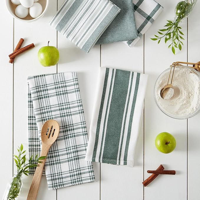 DII Assorted Woven, Kitchen Dishtowel Set, 18x28, Dark Green, 5 Piece