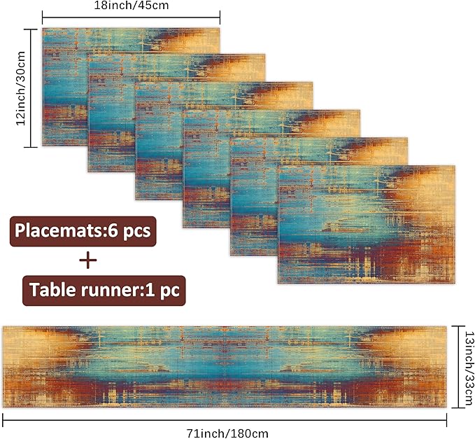 Blue and Orange Table Runner and Placemats Set of 6 Farmhouse Washable Linen Place Mats Rustic Abstract Art Table Decor for Kitchen Dining Coffee Outdoor Party (Orange and Blue, 13"x71"+12"x18")