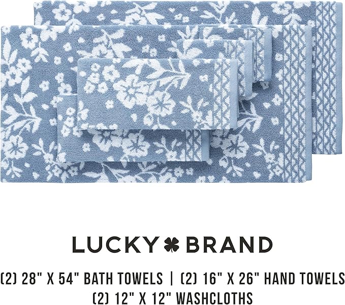 Lucky Brand Folk Floral 6 Piece Bath Towel Set - (2) Bath Towels, (2) Hand Towels, and (2) Washcloths - Dusty Blue Premium Bathroom Towel Set