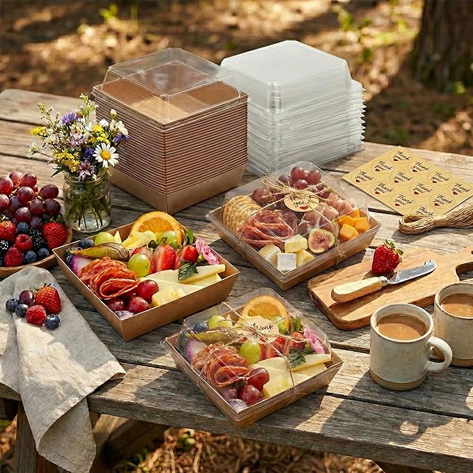 Leafiew 50 Pack Small Charcuterie Boxes with Clear Lids - To Go Paper Mini Charcuterie Box, Disposable Food Containers, 5Inch Dessert Boxes - Sandwich, Cookie, Sushi, Cake Slice, Strawberries (Brown)