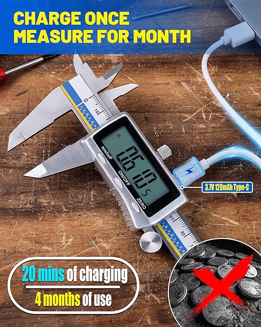 Digital Caliper with USB-C Charging, 6" Stainless Steel Digital Caliper Measuring Tool, 4-in-1 Calipers with Large LCD Screen, Micrometer with MM/in/F Conversion for DIY/Household/3D-printing